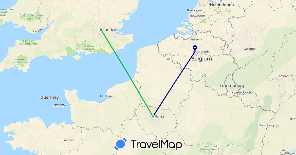 TravelMap itinerary: driving, bus in Belgium, France, United Kingdom (Europe)